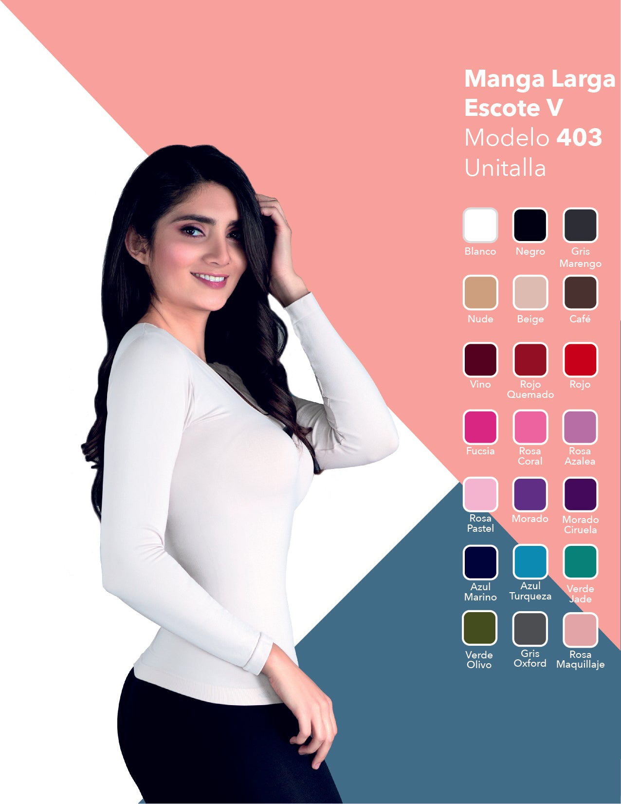 Playera cuello V manga larga de microfibra unitalla Mod.403 dama