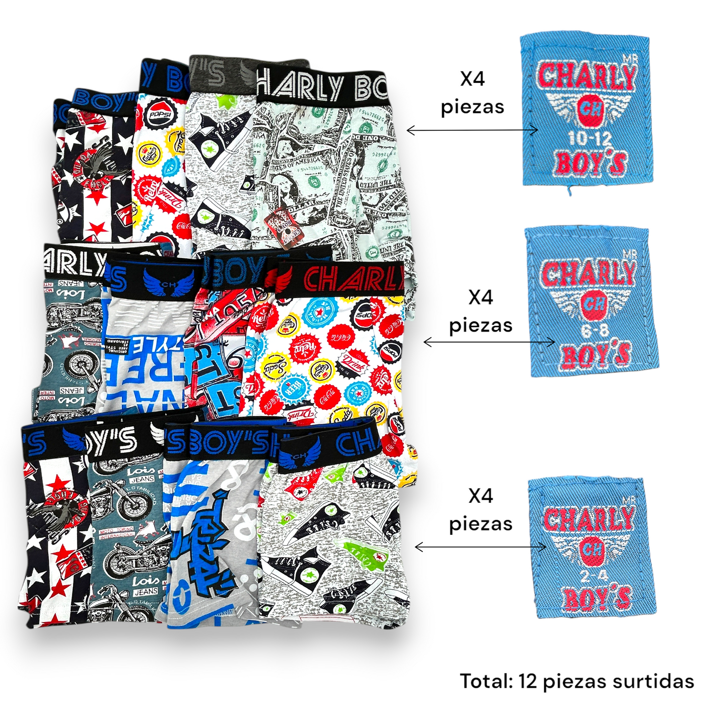 Biker de algodón estampado surtido infantil 2 a la 12 Charly paquete de 12