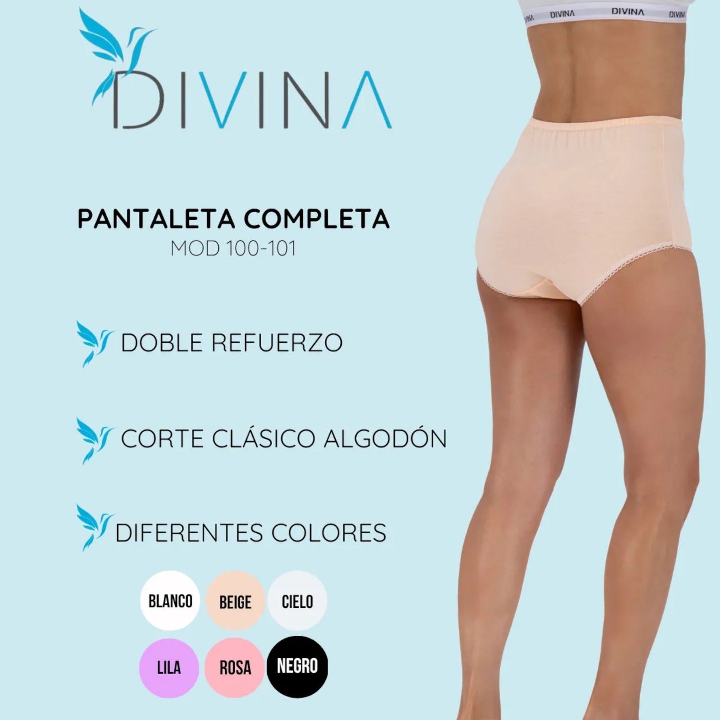 Pantaleta completa 100% algodón surtida #100-101 dama Divina paquete de 6