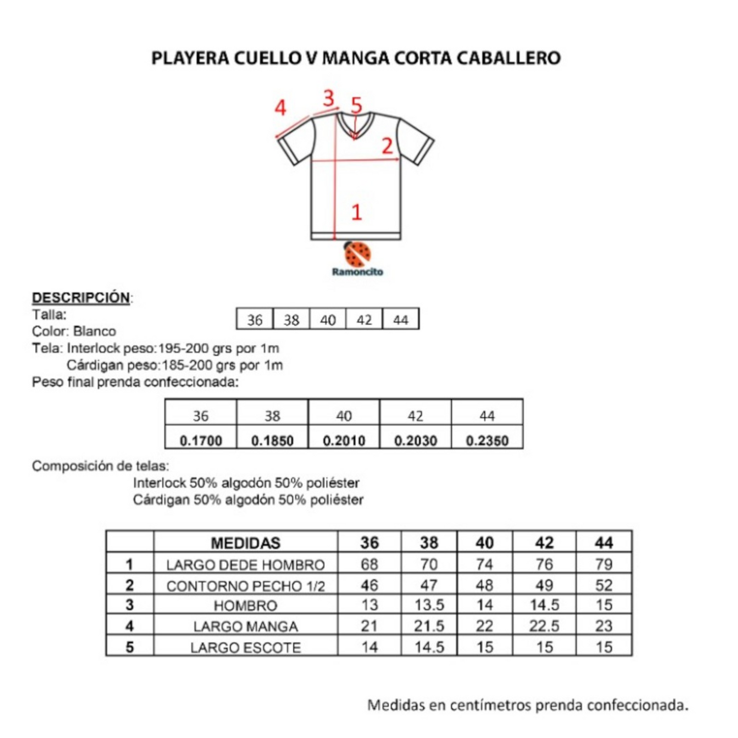 Playera cuello V manga corta blanca de algodón caballero Ramoncito