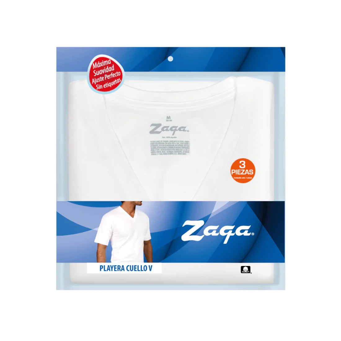 Playera cuello V de algodón blanca lisa caballero Zaga