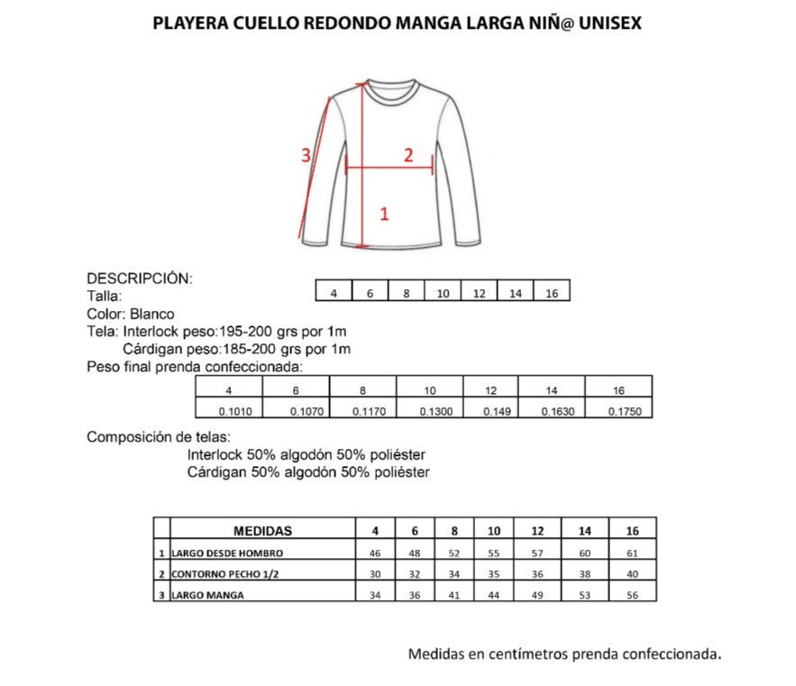 Playera cuello redondo manga larga blanca infantil unisex Ramoncito