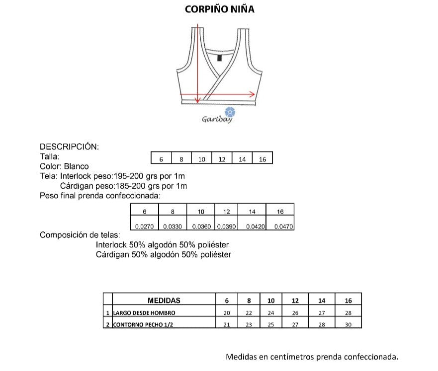 Corpiño liso de algodón blanco niña Garibay