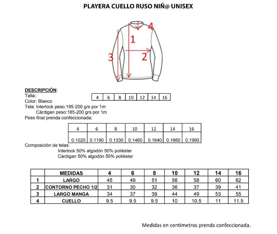 Playera ramoncito cuello ruso manga larga blanca infantil unisex