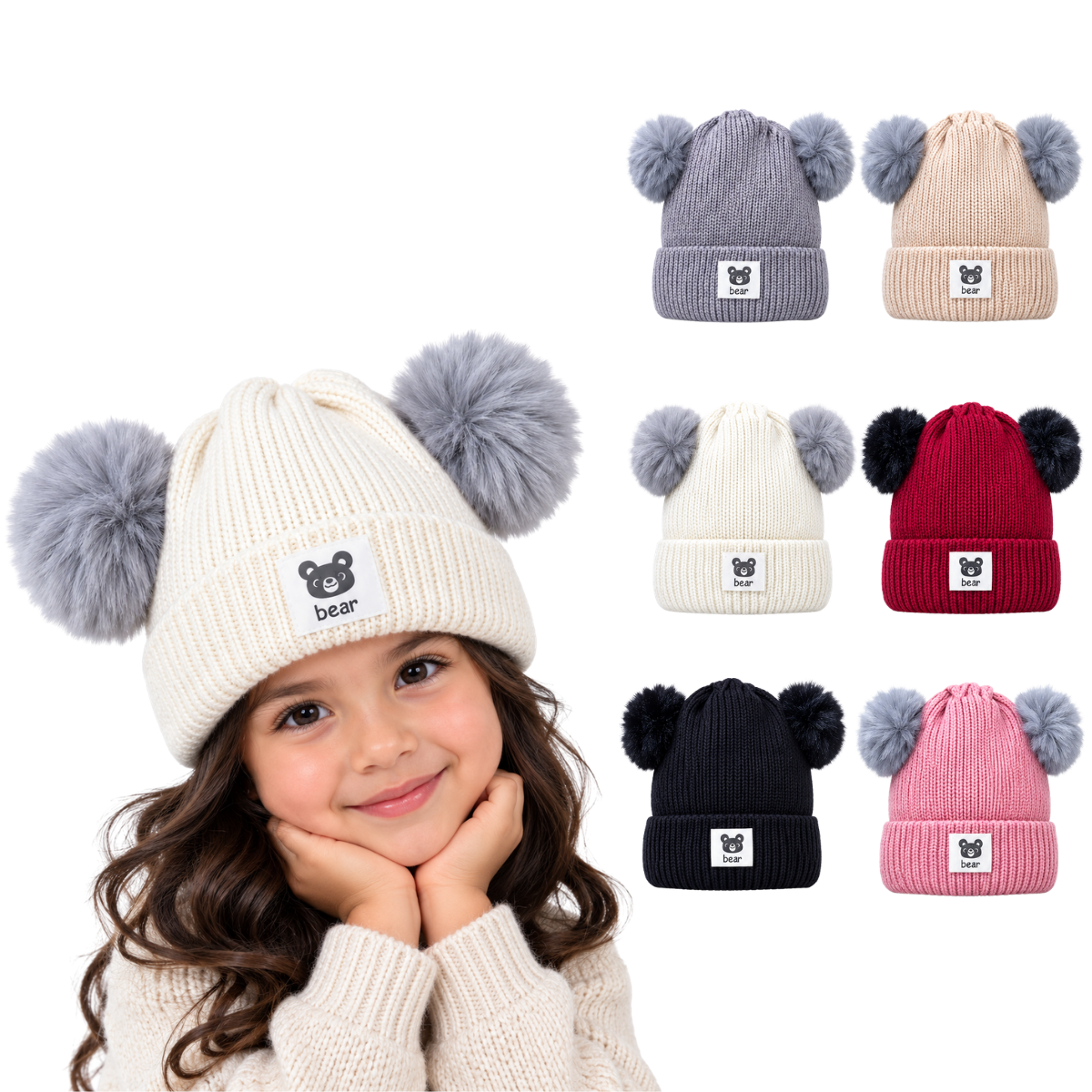 Gorro afelpado doble pompón surtido infantil Valiz paquete de 6