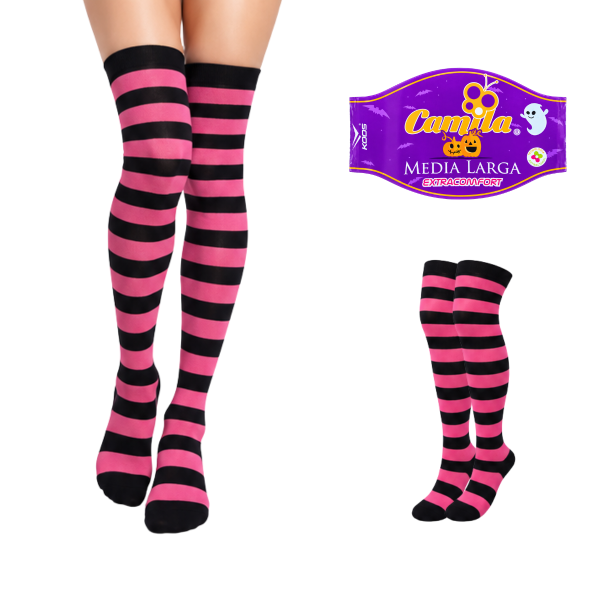 Calceta medieta halloween rayas rosa negro unitalla Camila