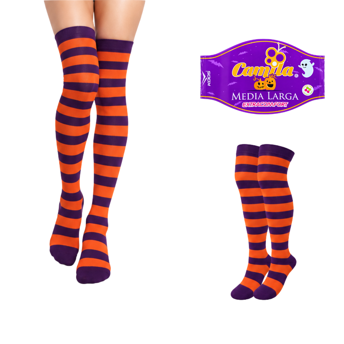 Calceta medieta halloween rayas morado naranja unitalla Camila