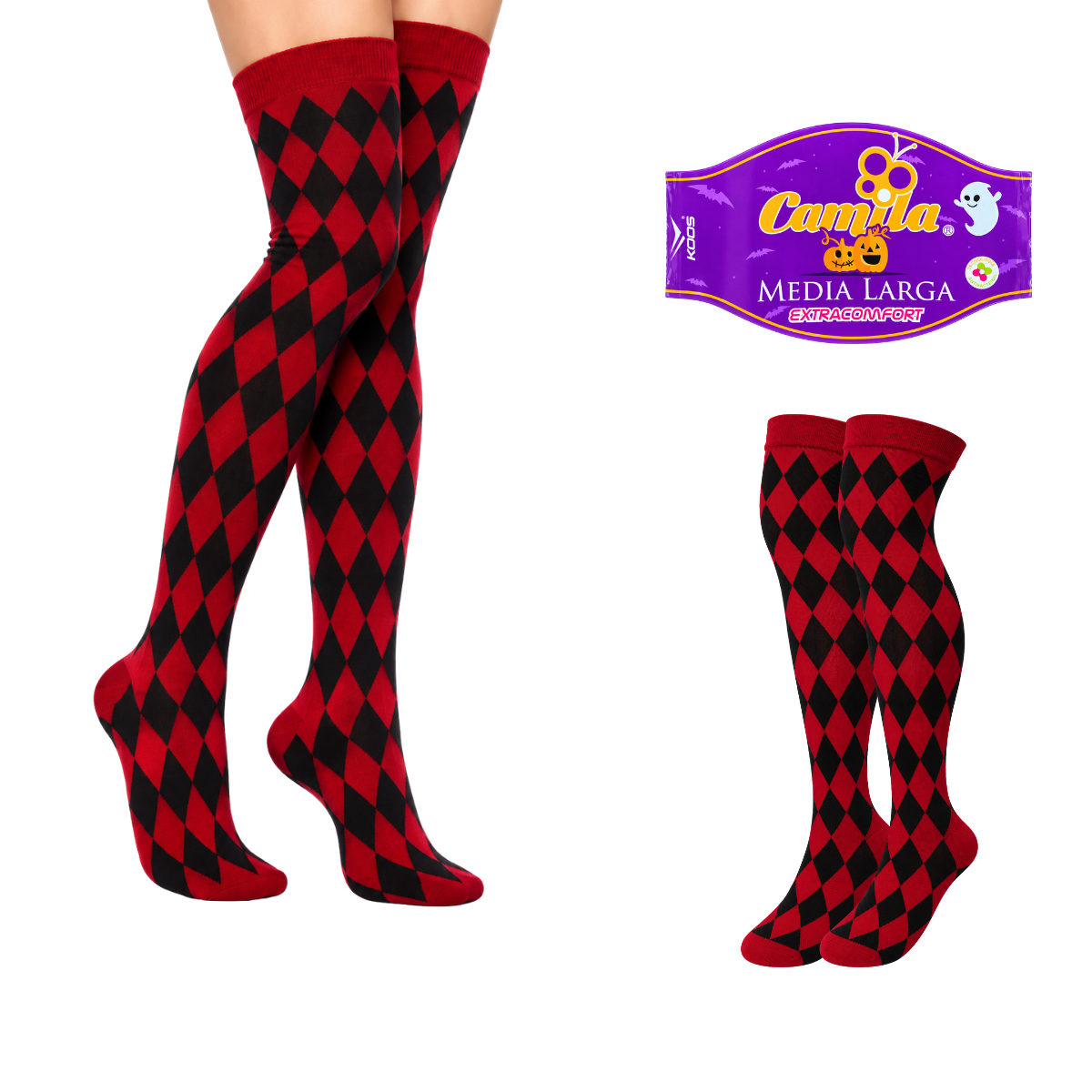 Calceta medieta halloween arlequín roja unitalla Camila