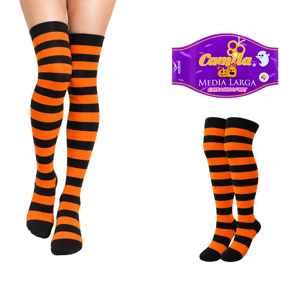 Calceta medieta halloween rayada negro con naranja unitalla Camila