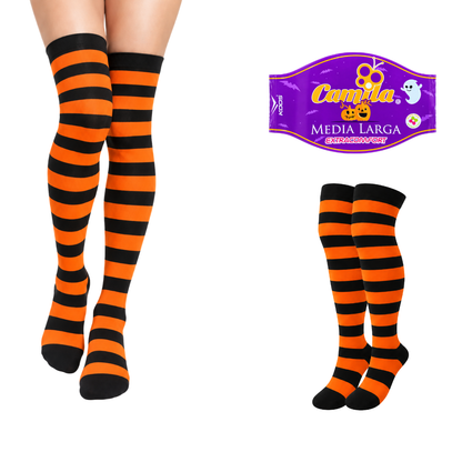 Calceta medieta halloween rayada negro con naranja unitalla Camila