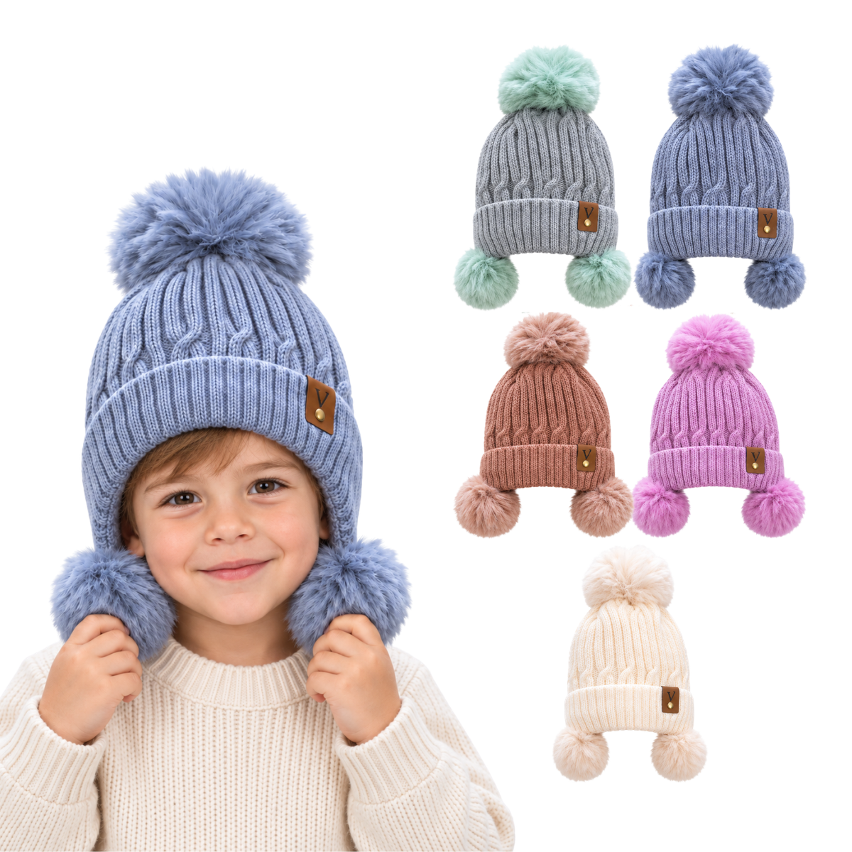 Gorro afelpado triple pompón surtido infantil Valiz paquete de 6