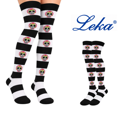 Calceta medieta halloween rayada con calaveras fosfo unitalla Leka