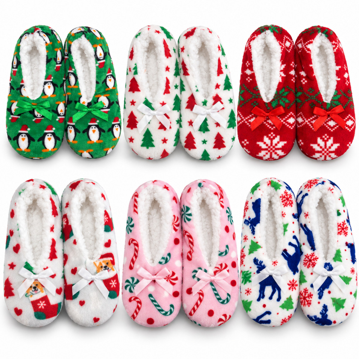 Pantuflas afelpada navideña surtidas unisex Valiz paquete de 6