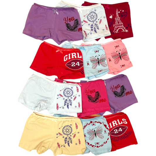 Bóxeres estampados de color varias tallas niña paquete de 12