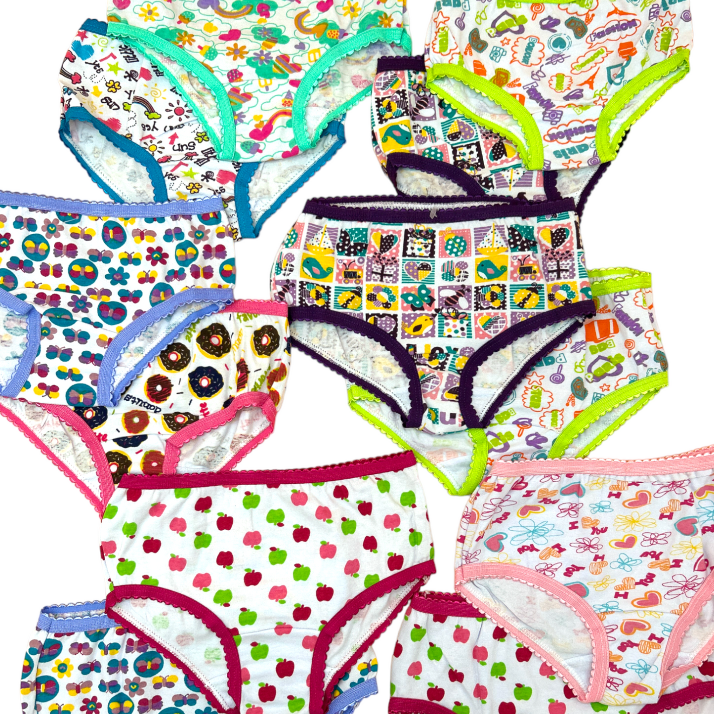 Pantaletas estampadas de color varias tallas niña paquete de 12