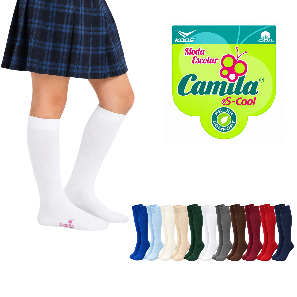 Calceta escolar lisa de algodón Camila paquete de 6