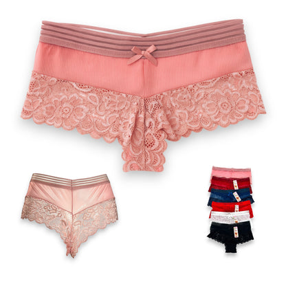 Boxer cachetero con encaje surtido unitalla dama #C38 Mary Paquete de 6