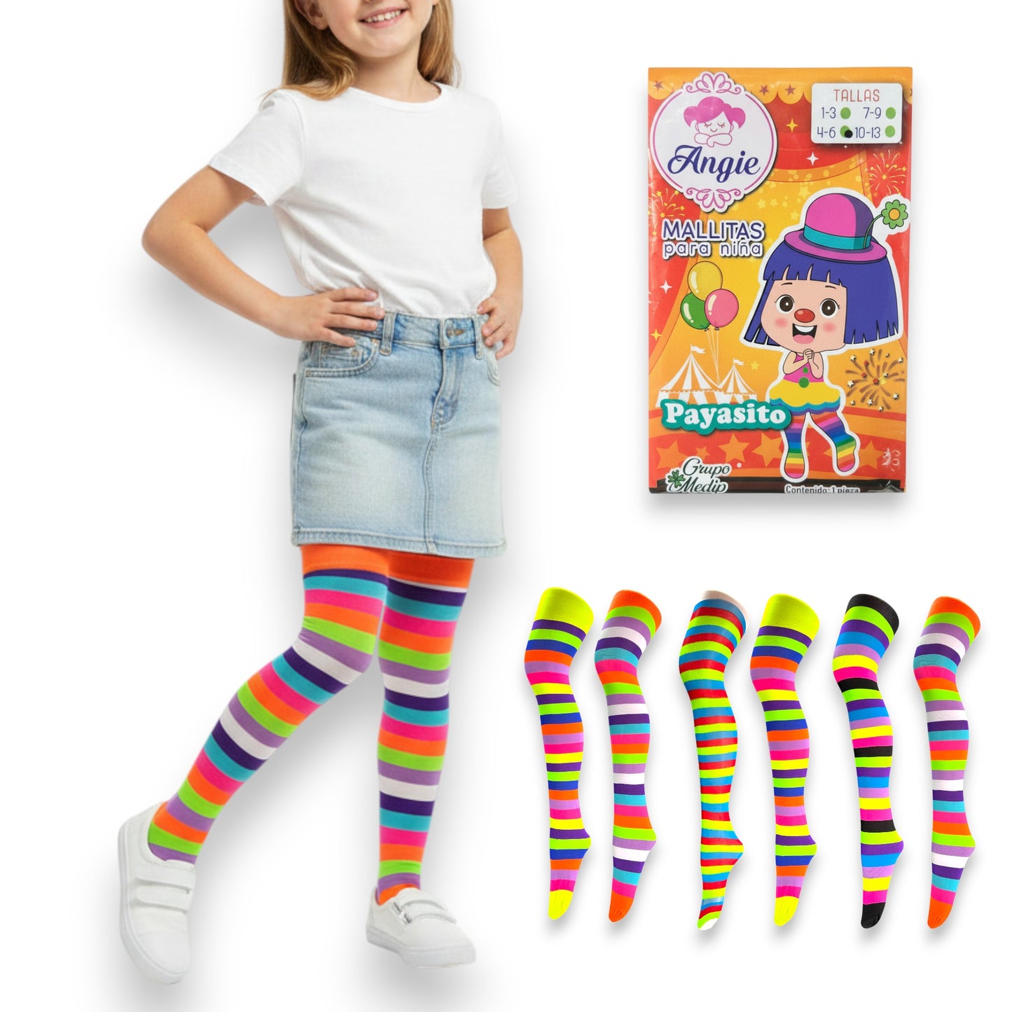 Mallas rayadas payaso surtidas varias tallas Angie paquete de 6