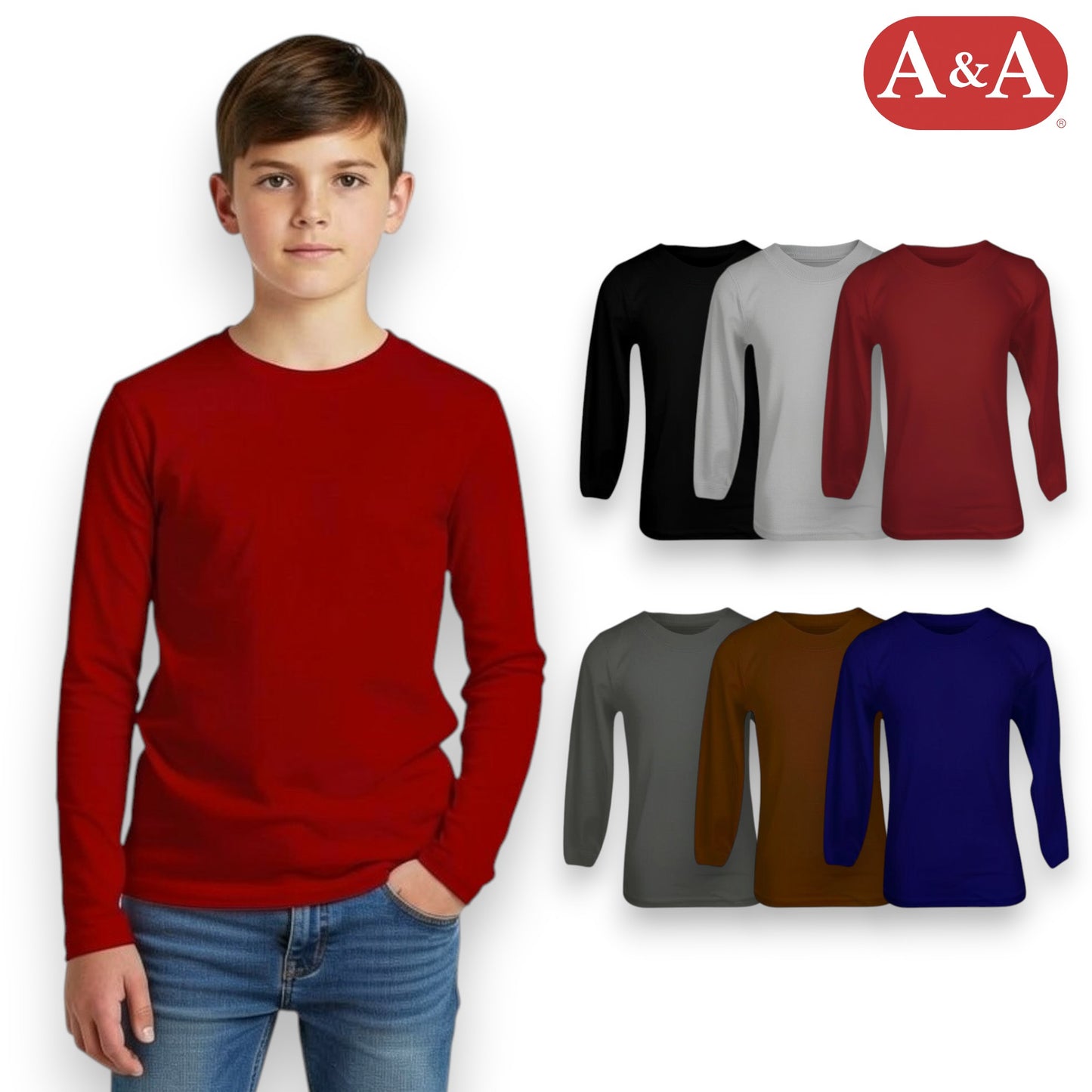 Playera interior manga larga reactivos color varias tallas unisex infantil AYA