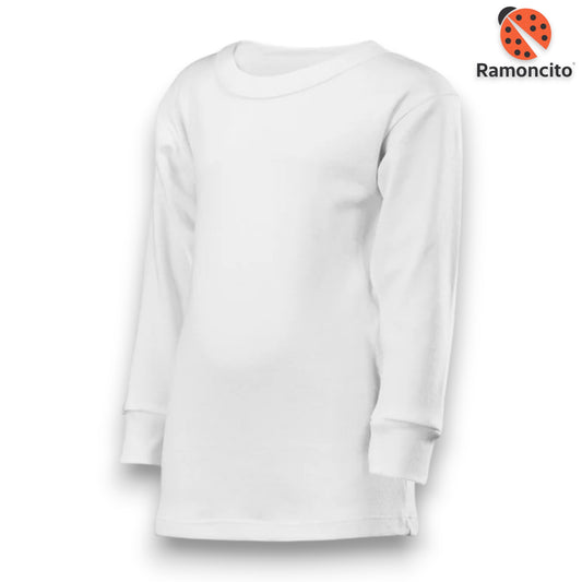 Playera cuello redondo manga larga blanca infantil unisex Ramoncito