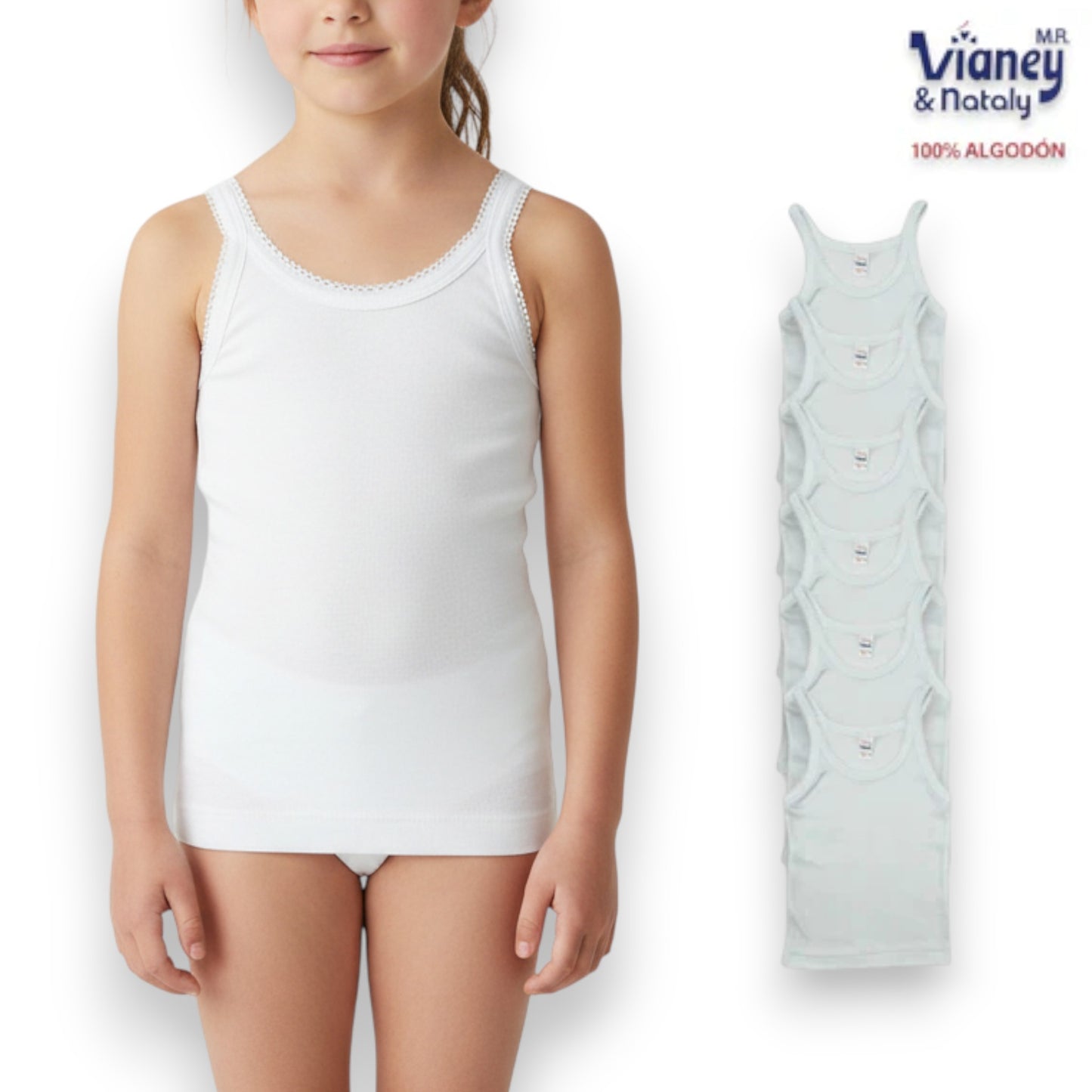 Camiseta inter tirante delgado blanca infantil niña Vianey paquete de 6