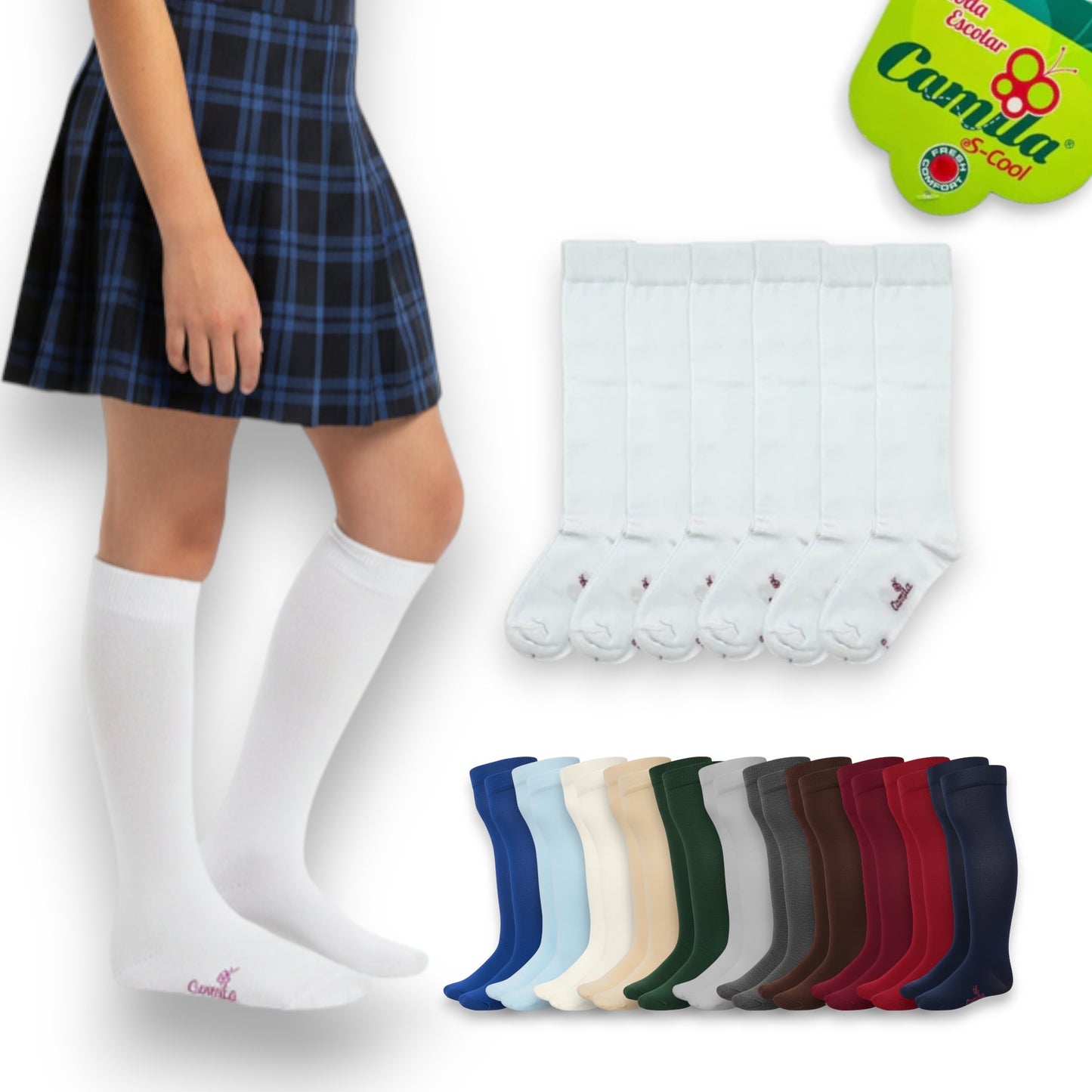 Calceta escolar lisa de algodón Camila paquete de 6