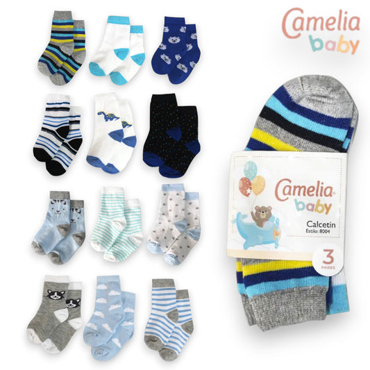 Calceta estampada surtida para bebe niño #8005 Camelia paquete de 3