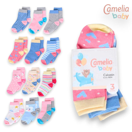 Calceta estampada surtida para bebe niña #8004 Camelia paquete de 3