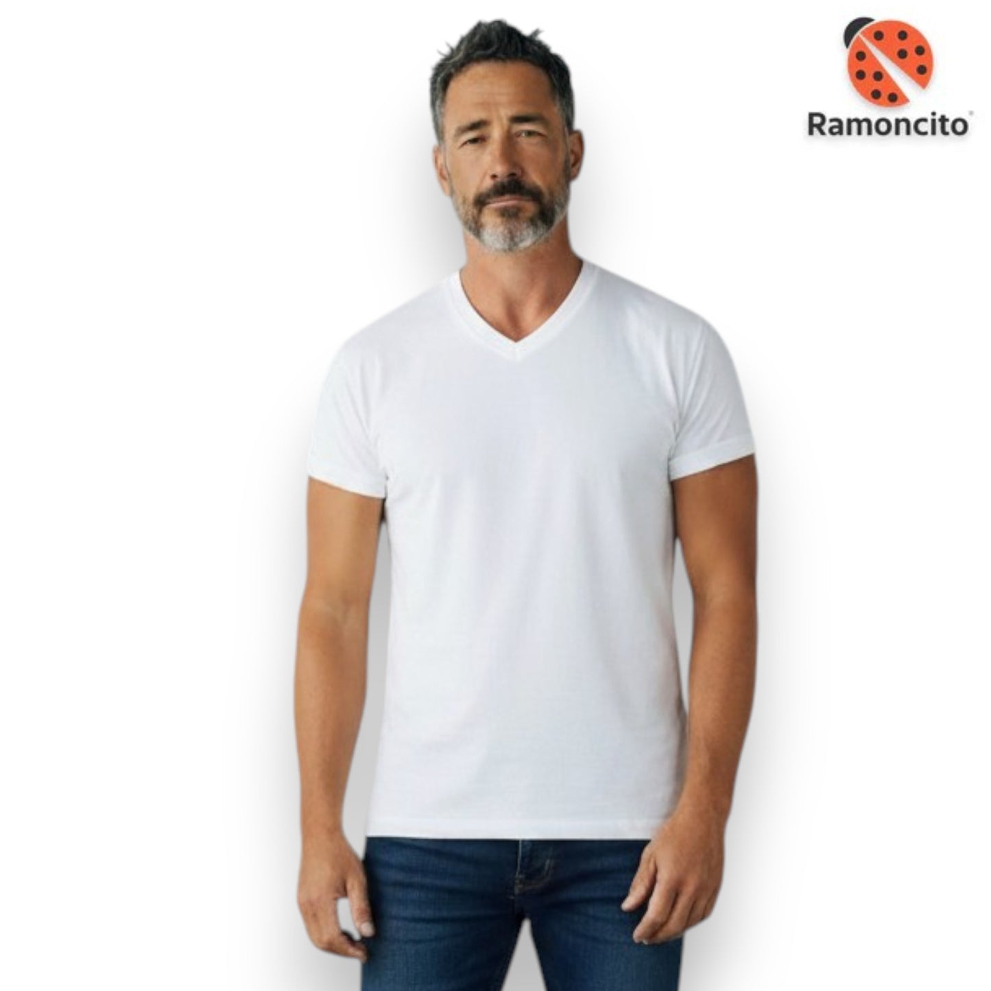 Playera cuello V manga corta blanca de algodón caballero Ramoncito