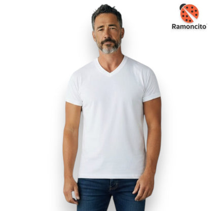Playera cuello V manga corta blanca de algodón caballero Ramoncito
