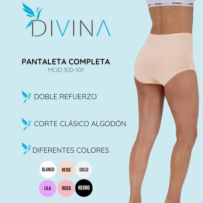 Pantaleta completa 100% algodón surtida #100-101 dama Divina paquete de 6