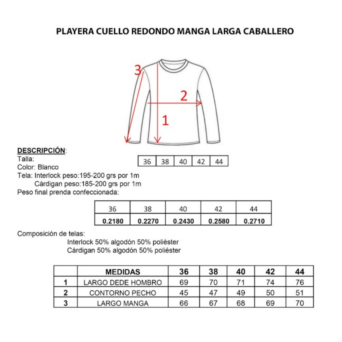 Playera ramoncito cuello redondo manga larga blanca caballero