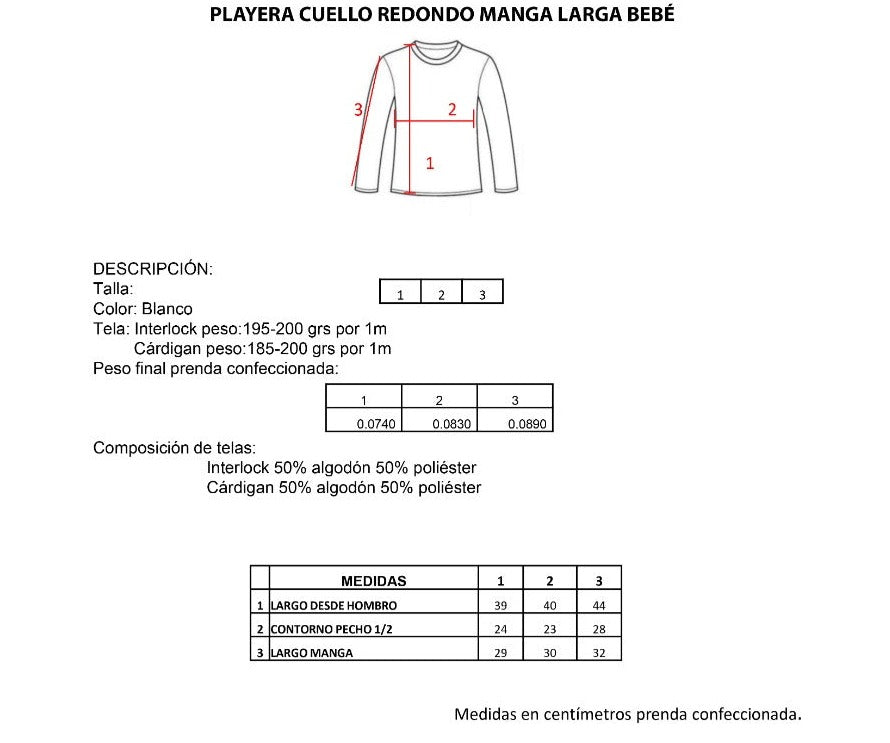 Playera ramoncito cuello redondo manga larga colores bebé
