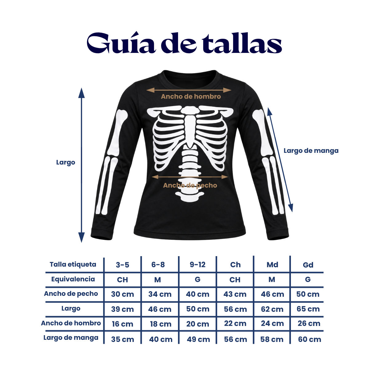 Playera manga larga huesos halloween unisex Ross