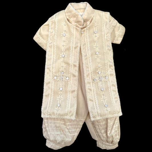 Ropón bautizo beige bombacho estola talla 2 niño