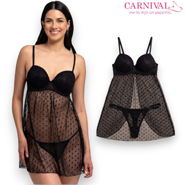 Baby doll negro con transparencia diseño puntos #301 dama Carnival