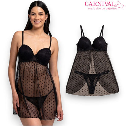 Baby doll negro con transparencia diseño puntos #301 dama Carnival