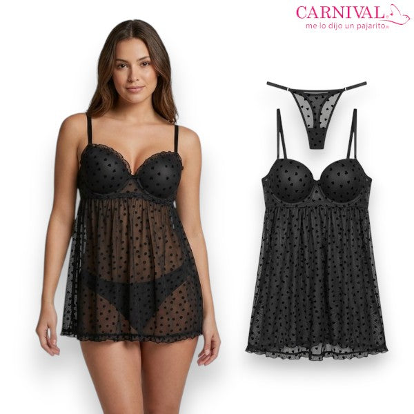 Baby doll negro con transparencia diseño corazones #3034 dama Carnival