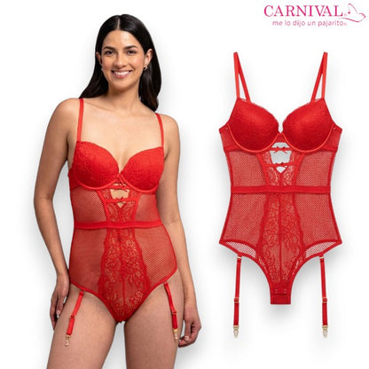 Body rojo con varilla calado con tiras para liguero #3002 dama Carnival