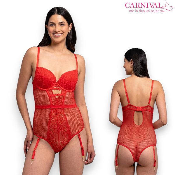 Body rojo con varilla calado con tiras para liguero #3002 dama Carnival