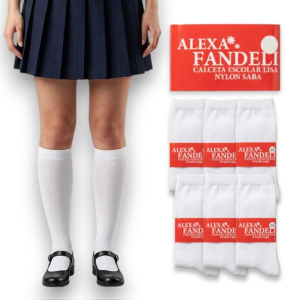 Calceta escolar blanca lisa Alexa Fandeli paquete de 6