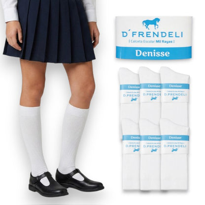 Calceta escolar blanca mil rayas Denisse DFrendeli paquete de 6